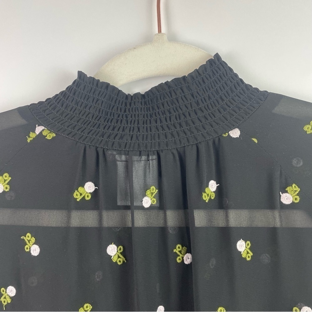 CAbi Alegria Black Embroidered Peasant Blouse Sheer Smocked Neck & Cuffs XS - Picture 11 of 16